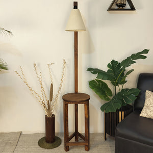 Accent Wooden Floor Lamp with Beige Fabric Lampshade