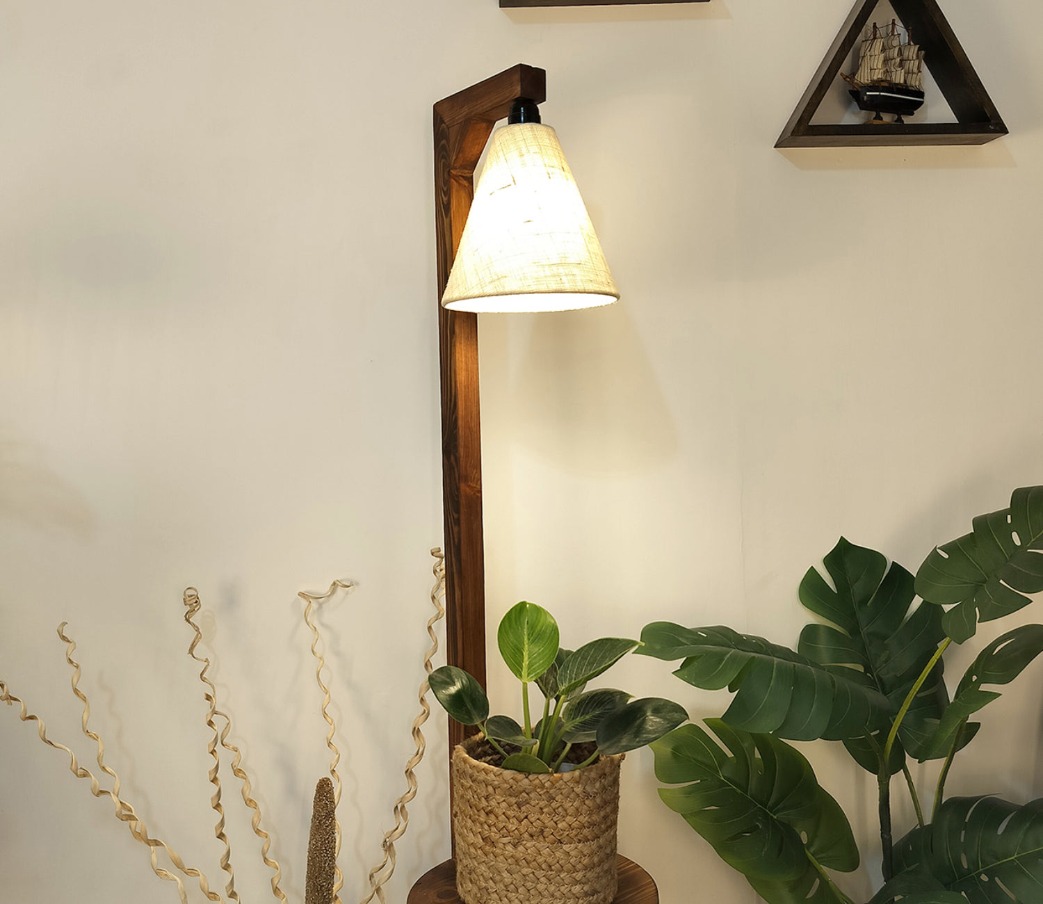 Accent Wooden Floor Lamp with Beige Fabric Lampshade