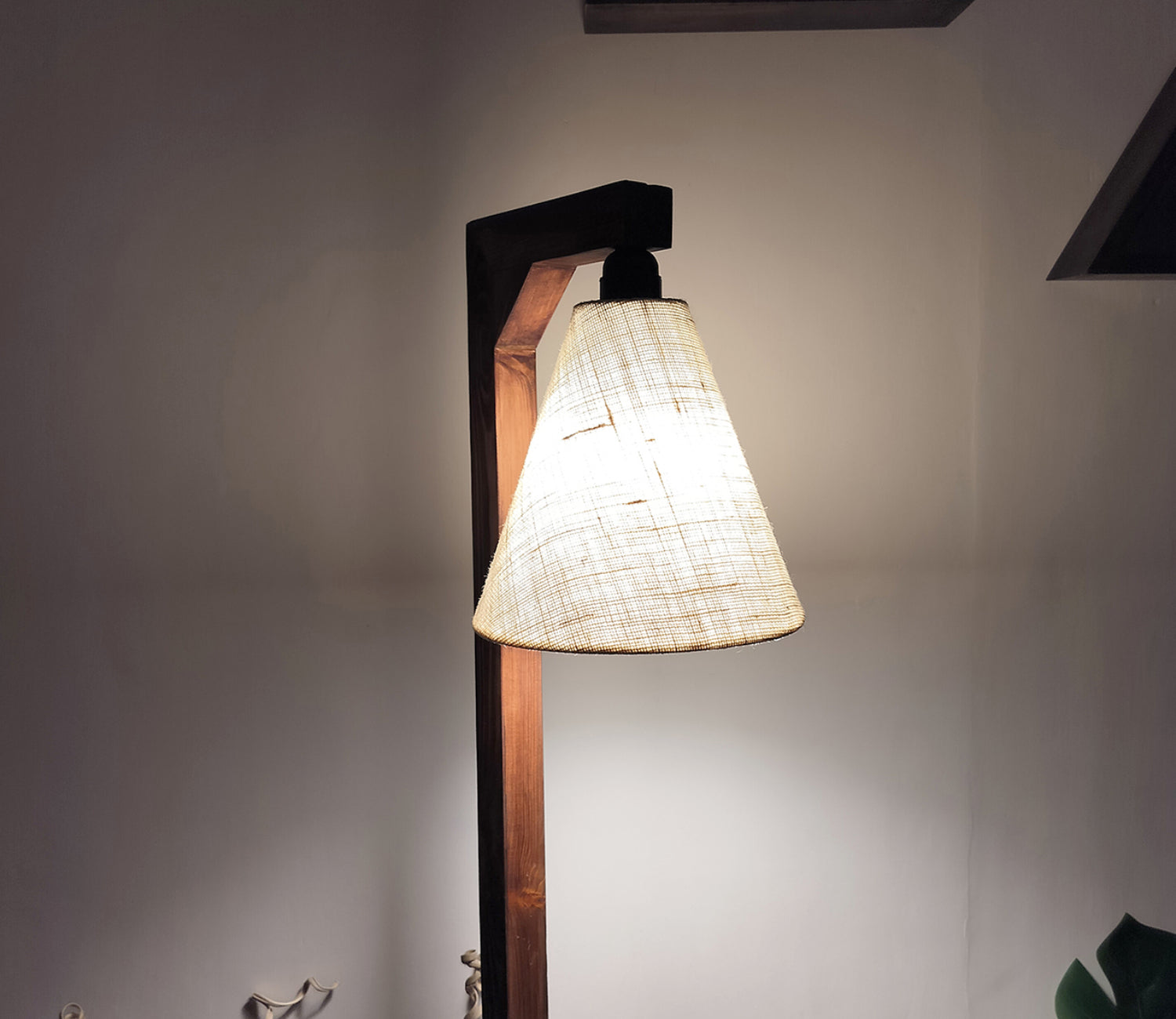 Accent Wooden Floor Lamp with Beige Fabric Lampshade