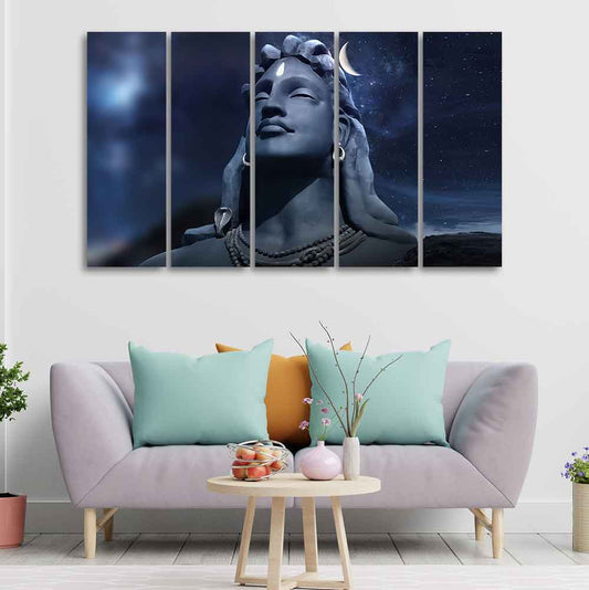 Adiyogi Shiva Statue Canvas Wall Painting of Five Pieces