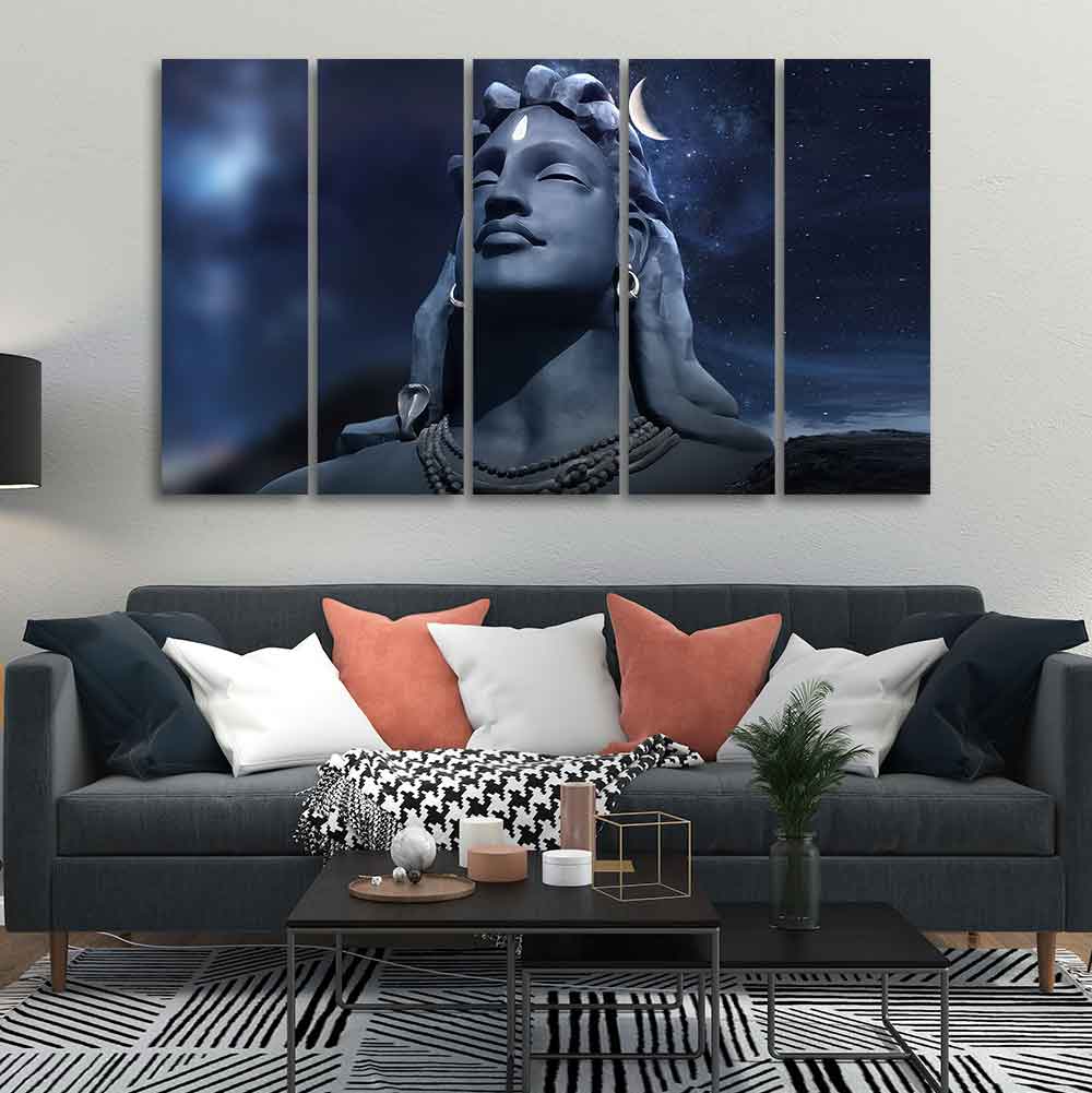 Adiyogi Shiva Statue Canvas Wall Painting of Five Pieces