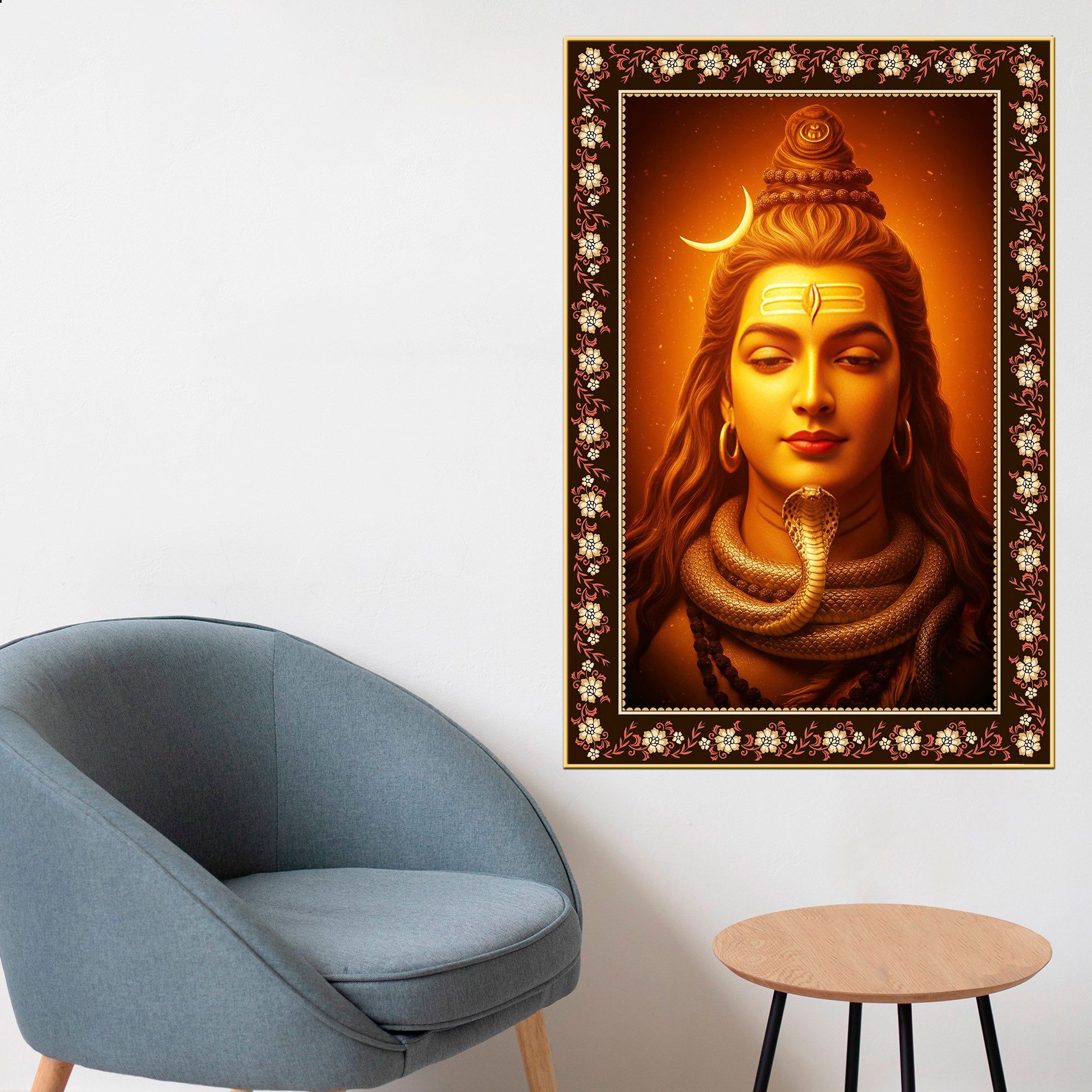 Adiyogi Shiva with Moon Floral Border Vertical Wall Painting