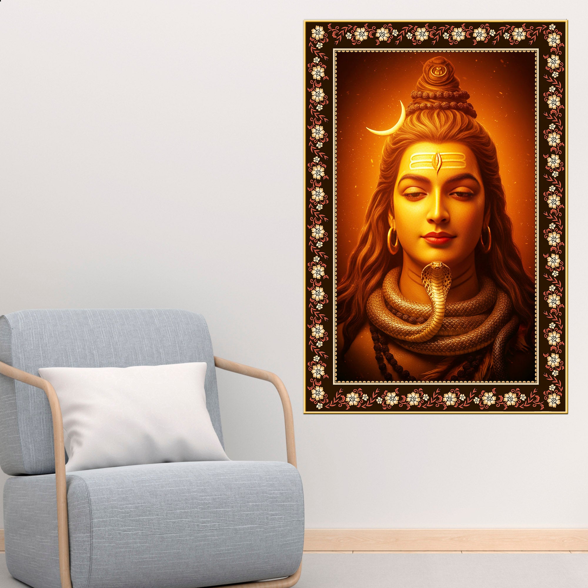 Adiyogi Shiva with Moon Floral Border Vertical Wall Painting