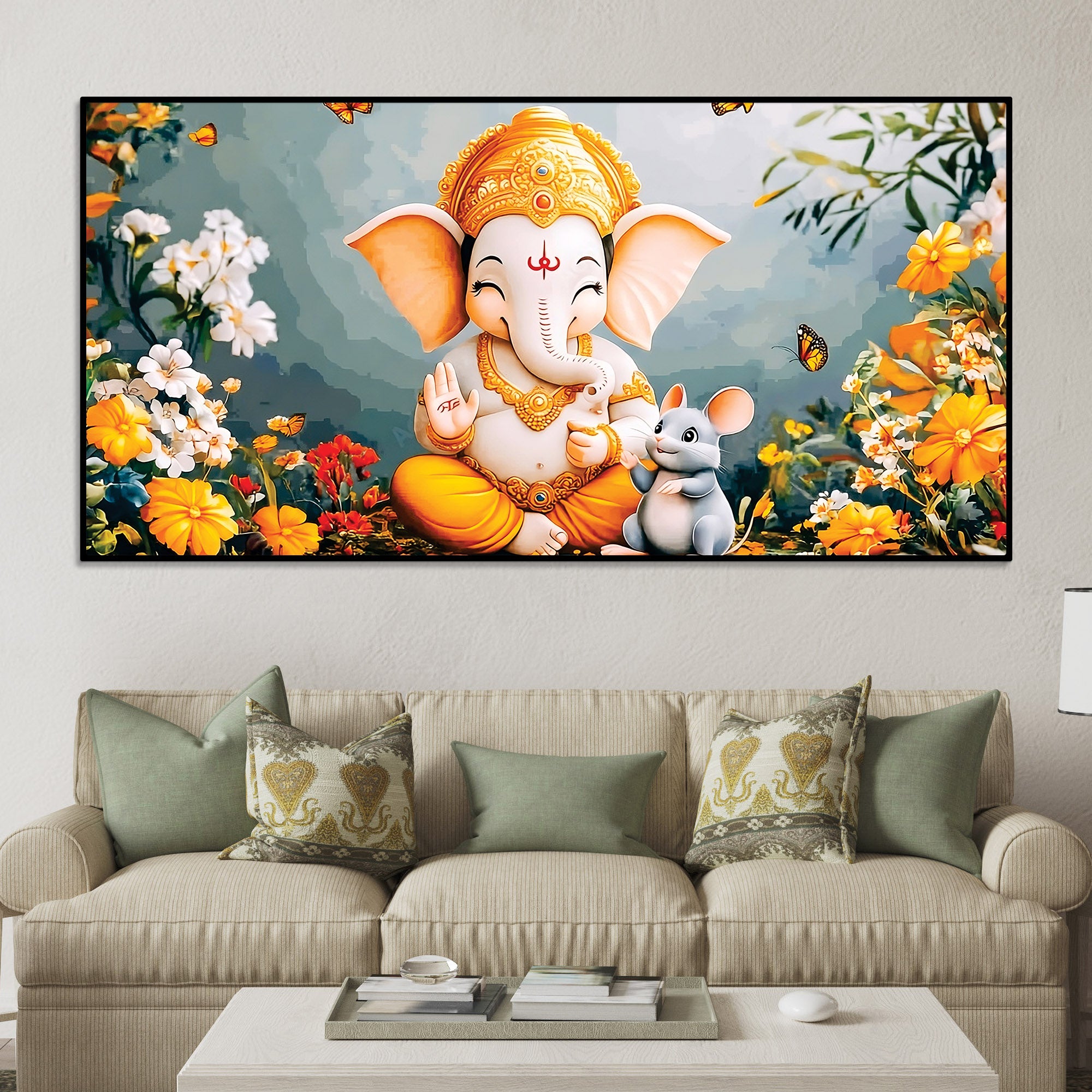Adorable Bal Ganesha Sitted with Mooshak Giving Blessings Canvas Wall Painting for Home & Office – Spiritual Wall Art for Home Decor