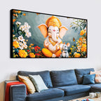 Adorable Bal Ganesha Sitted with Mooshak Giving Blessings Canvas Wall Painting for Home & Office – Spiritual Wall Art for Home Decor