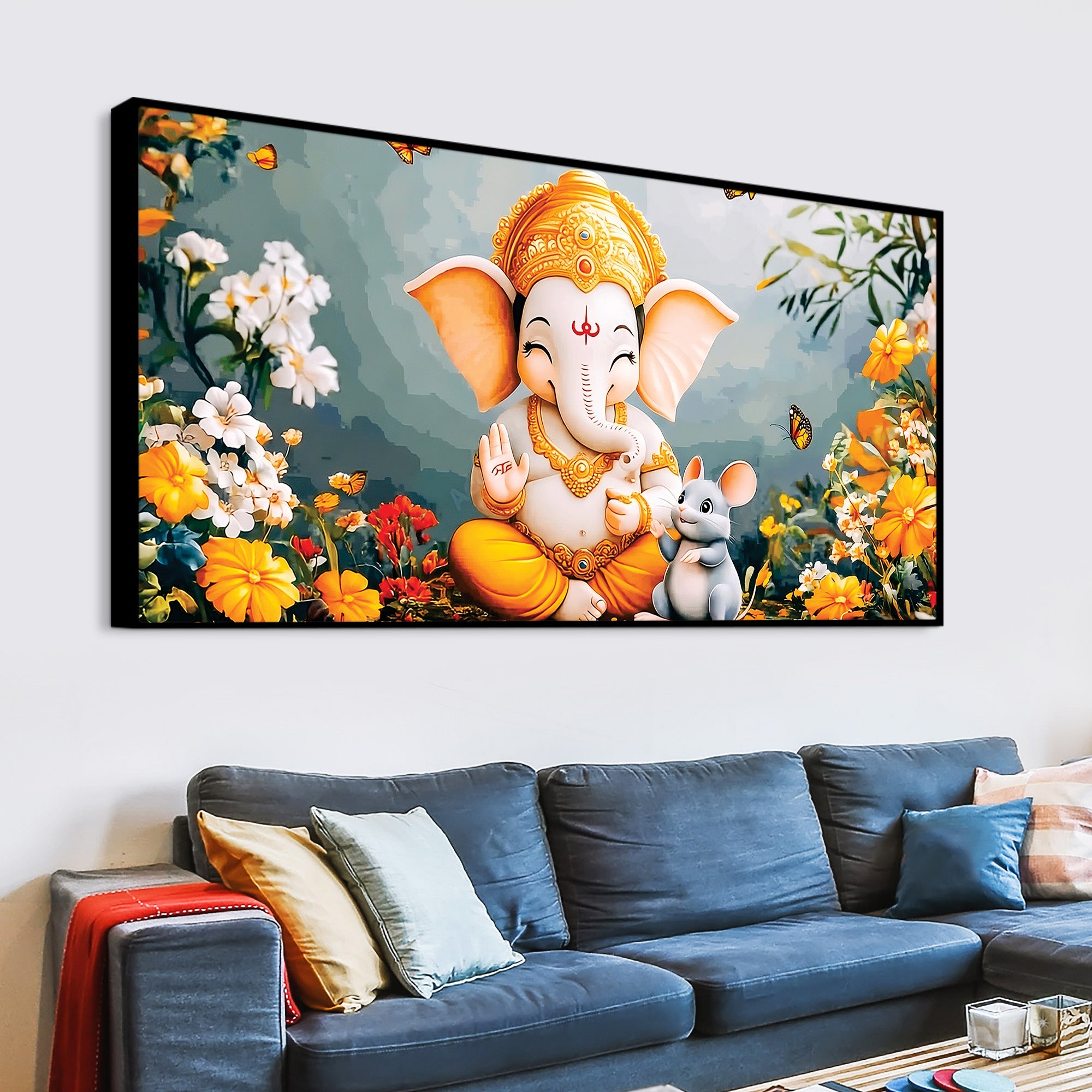 Adorable Bal Ganesha Sitted with Mooshak Giving Blessings Canvas Wall Painting for Home & Office – Spiritual Wall Art for Home Decor