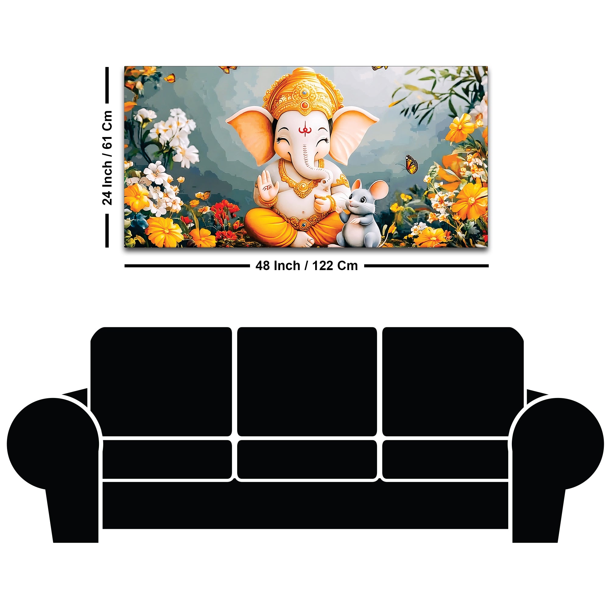 Adorable Bal Ganesha Sitted with Mooshak Giving Blessings Canvas Wall Painting for Home & Office – Spiritual Wall Art for Home Decor