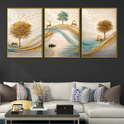 adorable-deers-golden-forest-river-scene-floating-frame-crystal-wall-painting-set-of-3