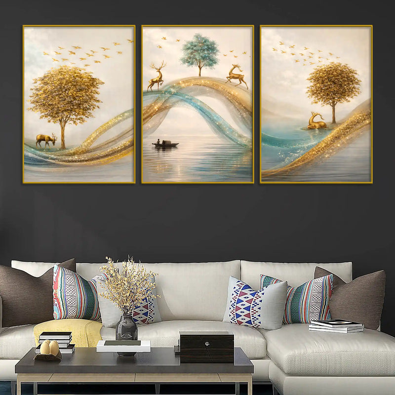 adorable-deers-golden-forest-river-scene-floating-frame-crystal-wall-painting-set-of-3