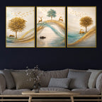 Adorable Deers Golden Forest River Scene Floating Frame Crystal Wall Painting Set of 3