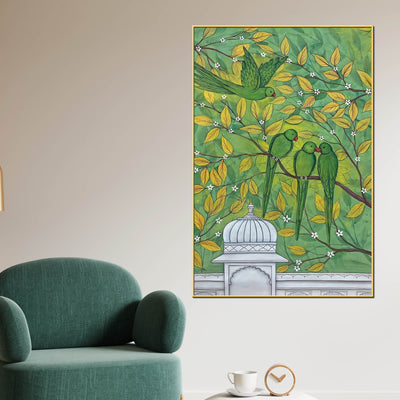 adorable-green-parrots-on-tree-branch-pichwai-style-canvas-wall-painting