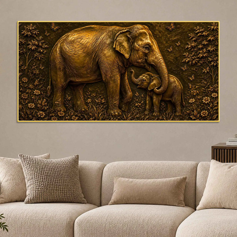 Adorable Mother and Baby Elephant Metallic Look 3D Canvas Wall Painting
