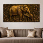 Adorable Mother and Baby Elephant Metallic Look 3D Canvas Wall Painting