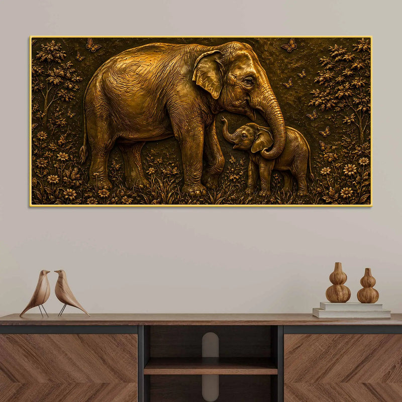 Adorable Mother and Baby Elephant Metallic Look 3D Canvas Wall Painting
