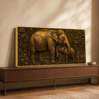 Adorable Mother and Baby Elephant Metallic Look 3D Canvas Wall Painting