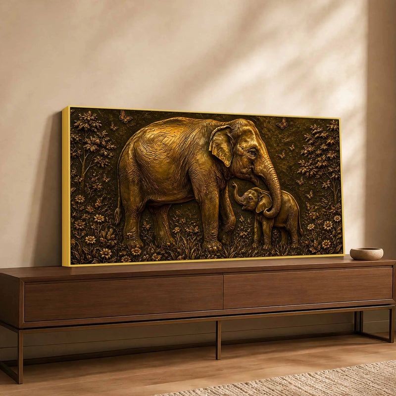 Adorable Mother and Baby Elephant Metallic Look 3D Canvas Wall Painting