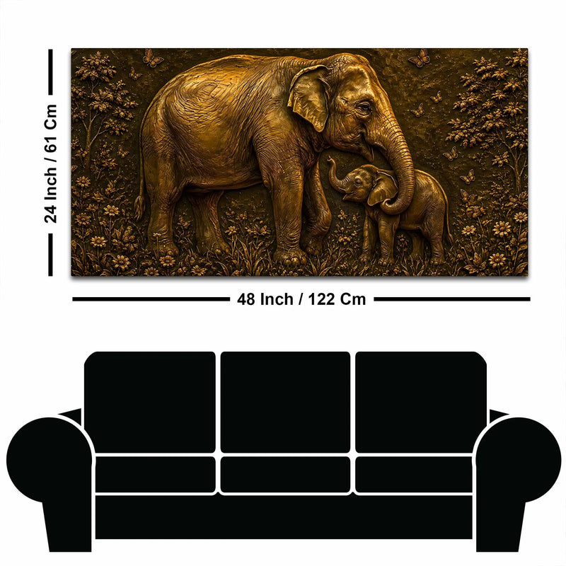 Adorable Mother and Baby Elephant Metallic Look 3D Canvas Wall Painting