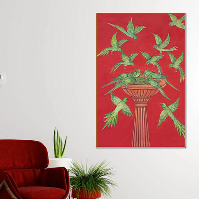 Adorable Parrots Eating Green Chillies Together Nature Inspired Canvas Wall Painting
