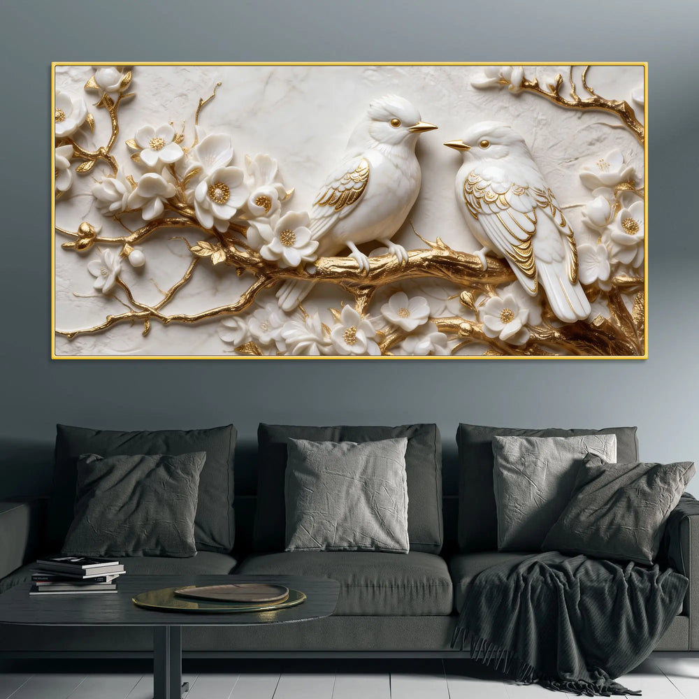 Adorable White Love Birds on Golden Blossom Branch 3D Canvas Wall Painting