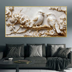 Adorable White Love Birds on Golden Blossom Branch 3D Canvas Wall Painting