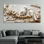 Adorable White Love Birds on Golden Blossom Branch 3D Canvas Wall Painting