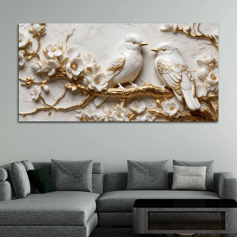 Adorable White Love Birds on Golden Blossom Branch 3D Canvas Wall Painting