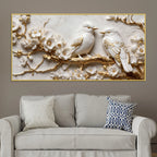 Adorable White Love Birds on Golden Blossom Branch 3D Canvas Wall Painting