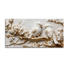 Adorable White Love Birds on Golden Blossom Branch 3D Canvas Wall Painting