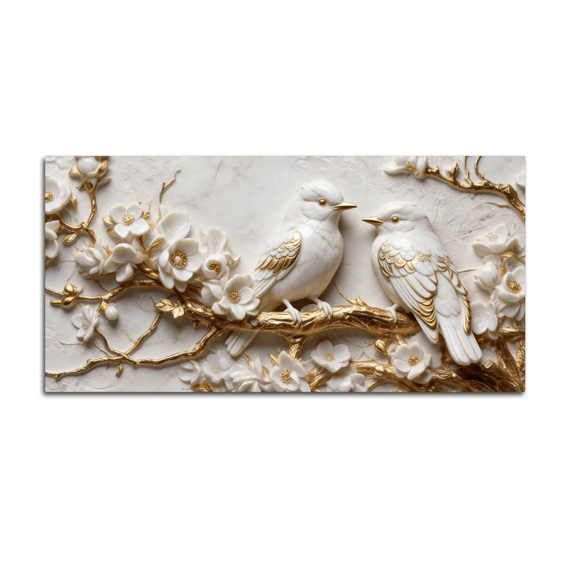 Adorable White Love Birds on Golden Blossom Branch 3D Canvas Wall Painting