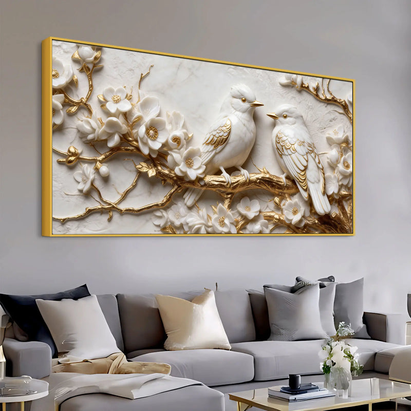 Adorable White Love Birds on Golden Blossom Branch 3D Canvas Wall Painting