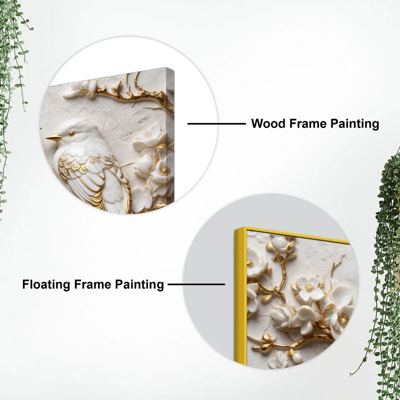 Adorable White Love Birds on Golden Blossom Branch 3D Canvas Wall Painting