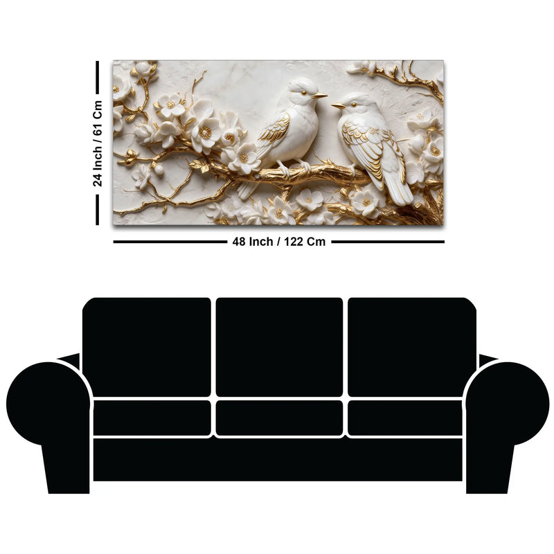 Adorable White Love Birds on Golden Blossom Branch 3D Canvas Wall Painting