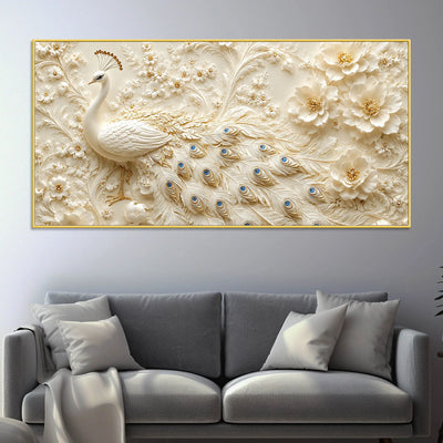 Adorable White Peacock with Ivory Blossom Garden 3D Canvas Wall Painting