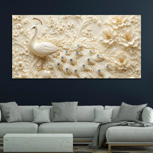Adorable White Peacock with Ivory Blossom Garden 3D Canvas Wall Painting