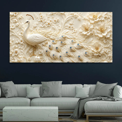 Adorable White Peacock with Ivory Blossom Garden 3D Canvas Wall Painting