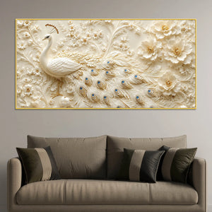 Adorable White Peacock with Ivory Blossom Garden 3D Canvas Wall Painting