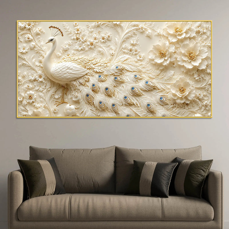Adorable White Peacock with Ivory Blossom Garden 3D Canvas Wall Painting