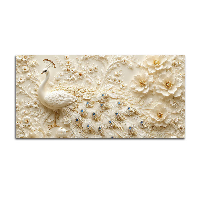 Adorable White Peacock with Ivory Blossom Garden 3D Canvas Wall Painting
