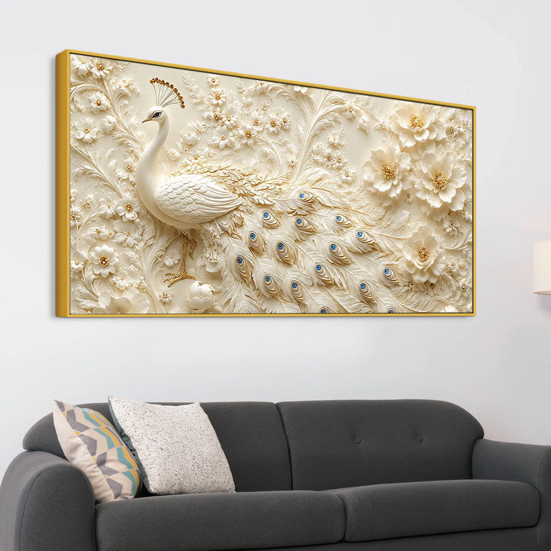 Adorable White Peacock with Ivory Blossom Garden 3D Canvas Wall Painting