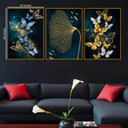 Aesthetic Blue & Gold Butterfly Floating Frame Crystal Wall Painting Set of 3
