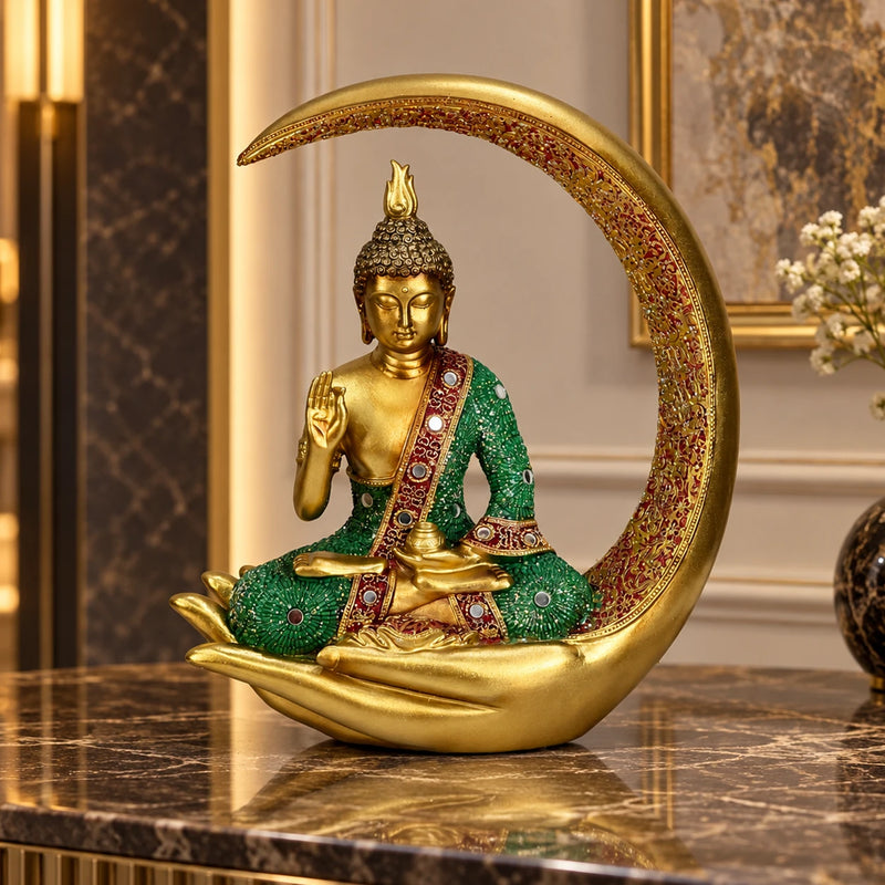 Aesthetic Golden Buddha Figurine Showpiece for Tabletop & Shelf Decoration