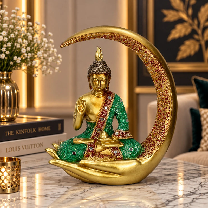 Aesthetic Golden Buddha Figurine Showpiece for Tabletop & Shelf Decoration
