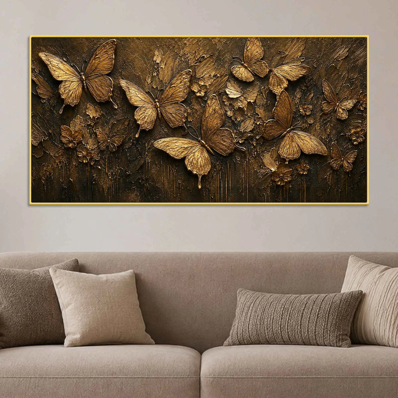 Aesthetic Golden Butterflies & Flowers Metallic Look 3D Canvas Wall Painting