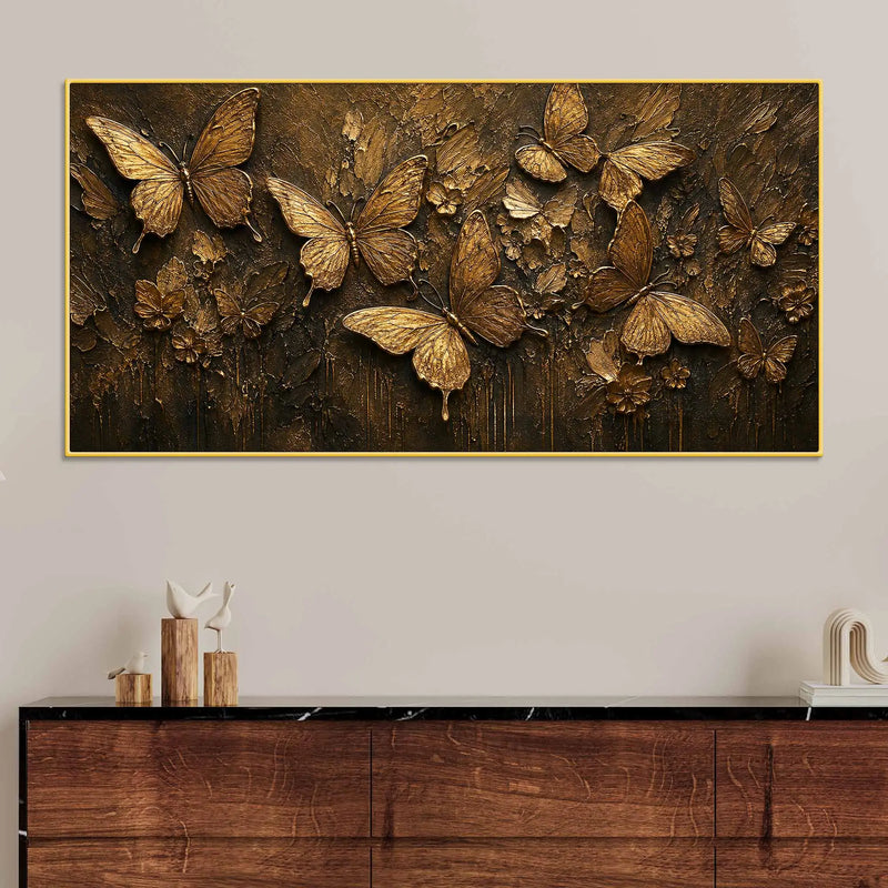 Aesthetic Golden Butterflies & Flowers Metallic Look 3D Canvas Wall Painting