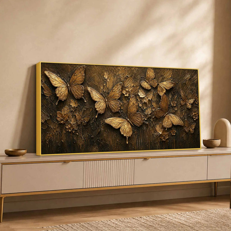 Aesthetic Golden Butterflies & Flowers Metallic Look 3D Canvas Wall Painting