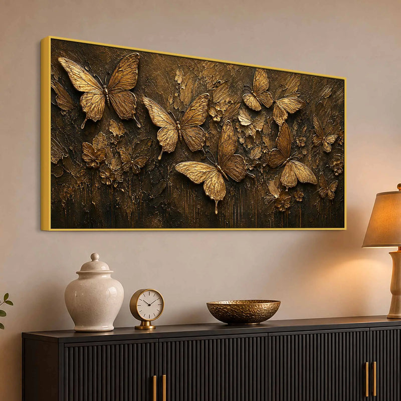 Aesthetic Golden Butterflies & Flowers Metallic Look 3D Canvas Wall Painting