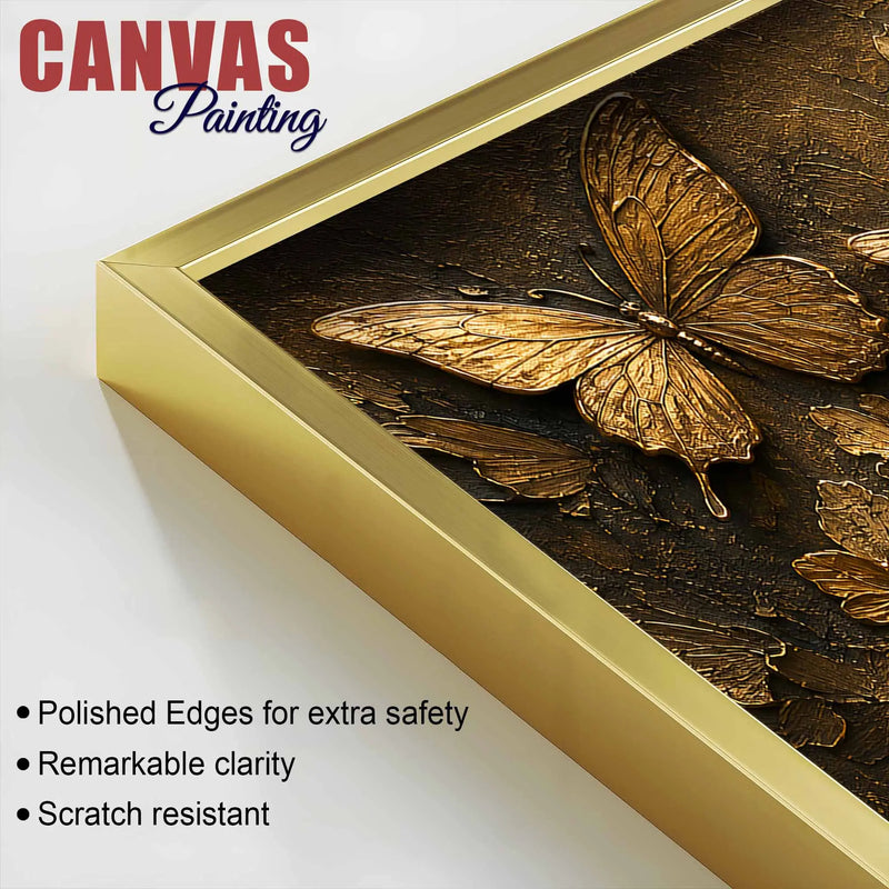 Aesthetic Golden Butterflies & Flowers Metallic Look 3D Canvas Wall Painting