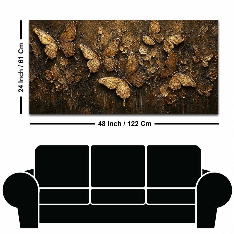 Aesthetic Golden Butterflies & Flowers Metallic Look 3D Canvas Wall Painting
