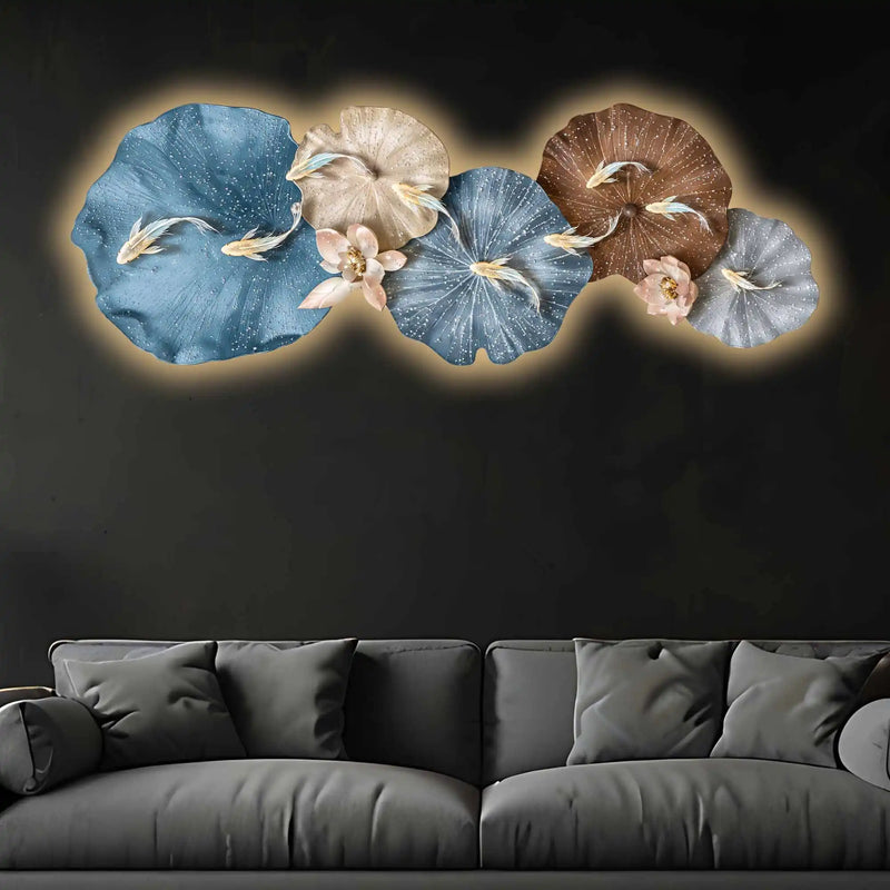 Aesthetic Golden Koi Lily Pads Crystal Glass Backlit LED Painting