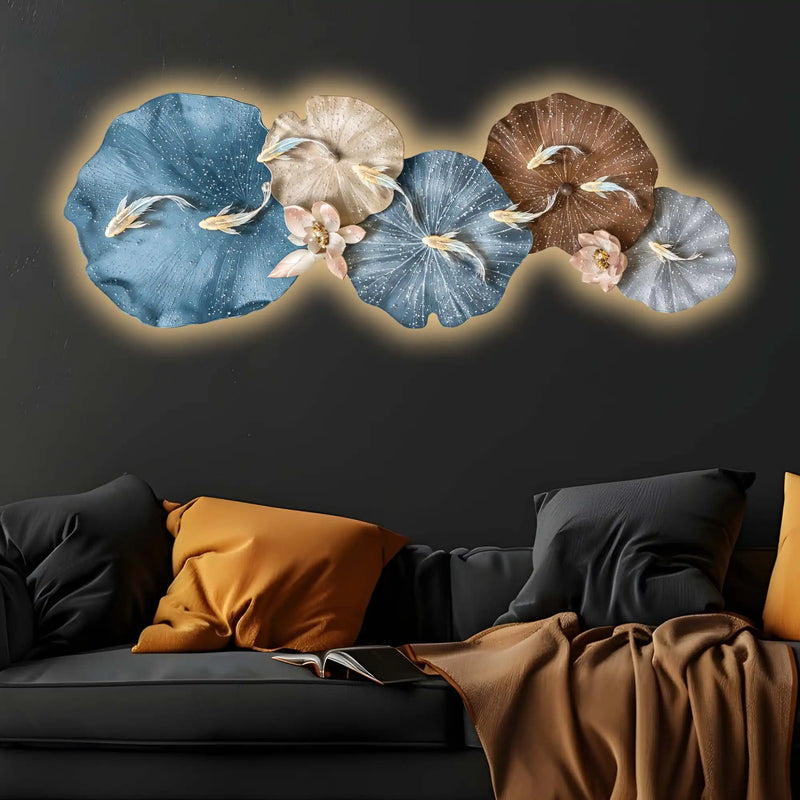 Aesthetic Golden Koi Lily Pads Crystal Glass Backlit LED Painting